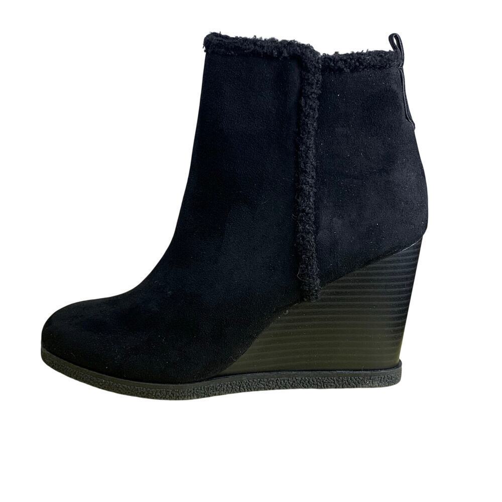 Sun + Stone Camilla Black Faux Suede Wedge High Heel Ankle Boots – Size 9 NWOT